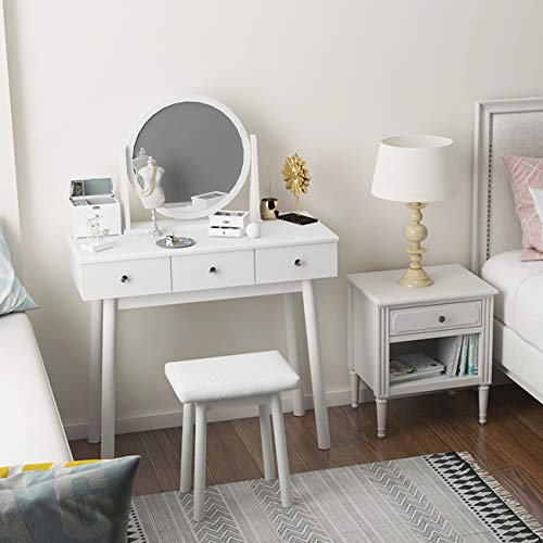 Soges Makeup Vanity Table Set, 3-Drawer Dresser Desk, 360° Pivoting Round Mirror, Cushioned Stool, Bedroom Dressing Table Set, White #TOP6