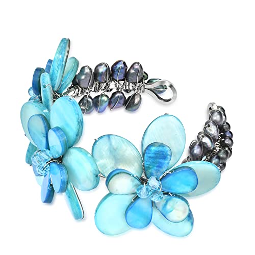 Aeravida Light Blue Mother Of Pearl Shell-Cultured Freshwater Pearl Cluster Flower Cuff Bracelet | Summer Beach Accessories For Women | Adjustable Floral Bracelet #TOP1
