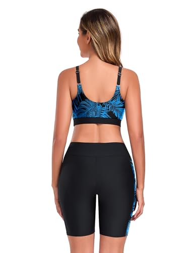 3 Pieces Rash Guard for Women 2025 Long Sleeve Swimsuits UPF 50+ Swim Shirt Modest Bathing Suit with Shorts and Two Pocket (S, Blue Palm Leaves)3