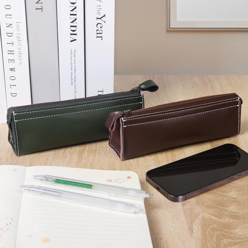 Image of Genuine Leather Pencil Case Pouch Zipper Pencil Pouch,Stationery Bag Organizer,Makeup Cosmetic Pouch Women Men Adults