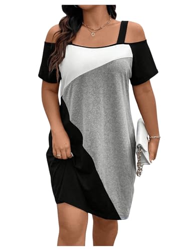 Image of SOLY HUX Women's Plus Size Dress Cold Shoulder Color Block Short Sleeve T Shirt Dress Casual Summer Dresses