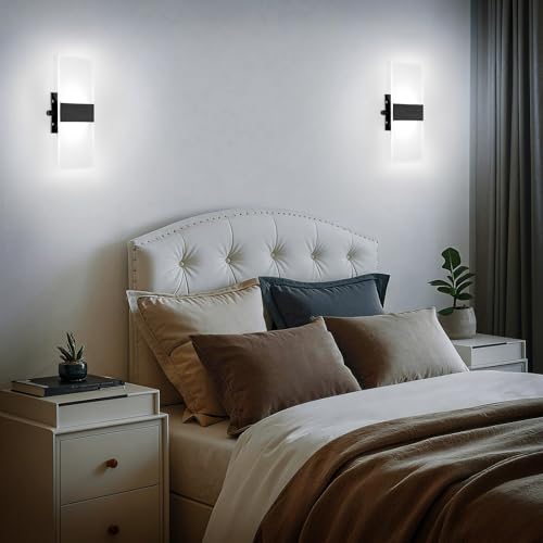 Image of Lightess Indoor Wall Sconces with Switch, Modern LED Wall Lights Set of Two, 12W Hardwired Acrylic Dimmable Wall Light Fixtures for Bedroom Hallway Living Room, Cool White, 2 Pack