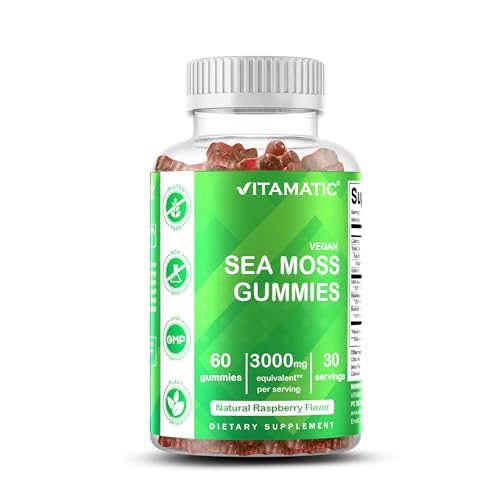 vitamatic irish sea moss gummies  3000mg equivalent per serving from extract 1325mg  60 ct made with bladderwrack amp burdock root  seamoss supplement for thyroid energy amp immune support