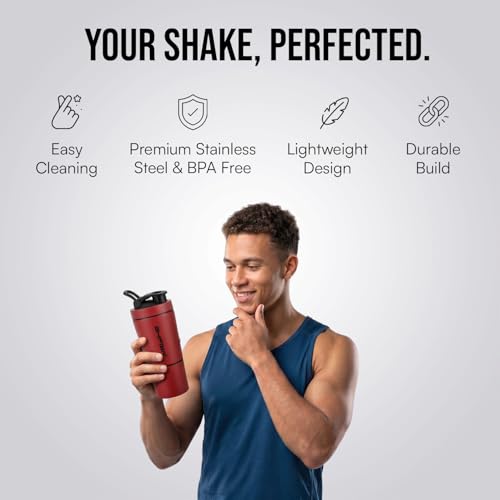 Image of Shifter Stainless Steel Gym Shaker Bottle 500ml | Protein Shaker with Mixer Ball | Leakproof Metal Blender Bottle| Gym, Fitness, Workout, Sports Water Bottle for Men & Women (RED-2)