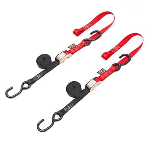 Powertye 1In X 6Ft Cam Buckle Soft-Tye Tie-Downs W/ S-Hooks - 400 Lb. Wll / 1,200 Lb. Breaking Strength - Made In Usa - Black/Red (Pair) #TOP21