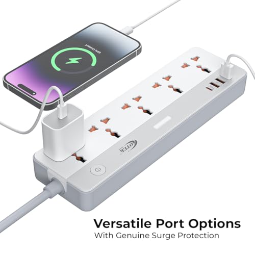 Image of OTEK Extension Board 5 Universal Sockets 3 USB Type A 1 Type C Port 2 Meter Cord 2500W 10A Surge Protector Fire Resistant ABS Body White for Home Office