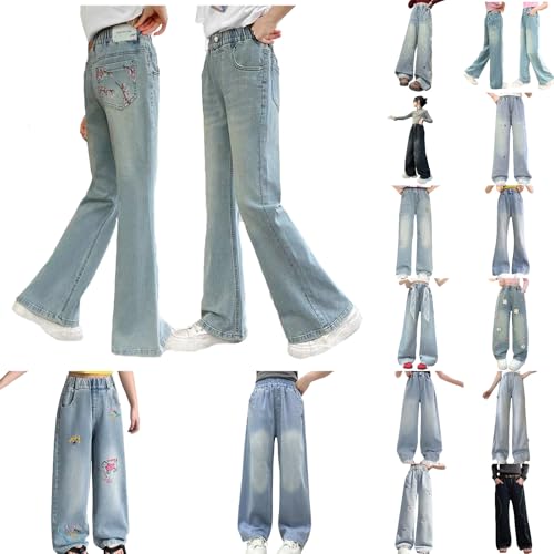 Girls' Flare Jeans with Floral Embroidery Pocket Elastic Wasit Wide Leg Denim Pants Baggy Cute Y2k Bell-Bottoms