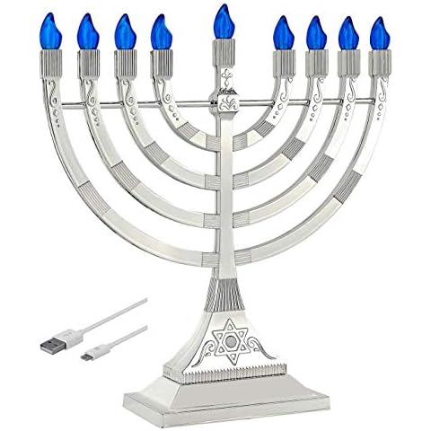 Zion Judaica 12" Chanukah Menorah with Flame Shaped LED Bulbs Electric Menorah USB Powered or Batteries Electronic Minorah - 4' Cable Included Hanukkah Battery Menorahs Silver Cover