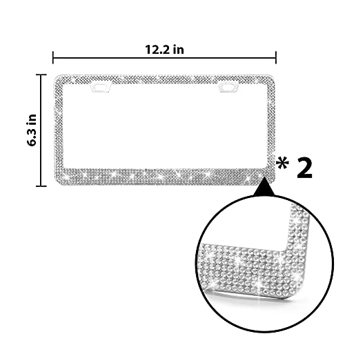 Bling License Plate Frames For Women, Diamond Rhinestone License Plate Holder 2 Pack Bedazzled Handmade Stainless Steel License Plate Frame, Sparkly Car License Plate Cover With Glitter Crystal Caps #TOP3