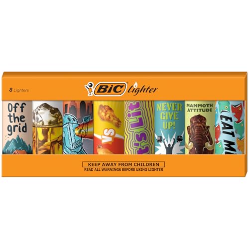 BIC Pocket Lighter, Special Edition Good Vibes Collection, Assorted Unique Lighter Designs, 8 Count Pack of Lighters