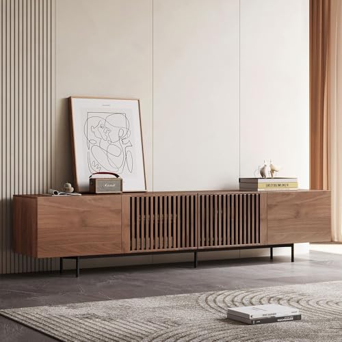 Mid Century Modern TV Stand for 80+ Inch TVs, 94.48″ Walnut Console with Ample Storage – Stylish Entertainment Center for Living Room or Bedroom