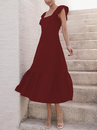 Image of Sugathari Girl's & Women's Solid Color Square Neck, Ruffle-Trimmed Hem Sleeveless, Ruffle Armhole and Casual Dress with Cinched Waist Vacation Outfits Woman (Dress 176)