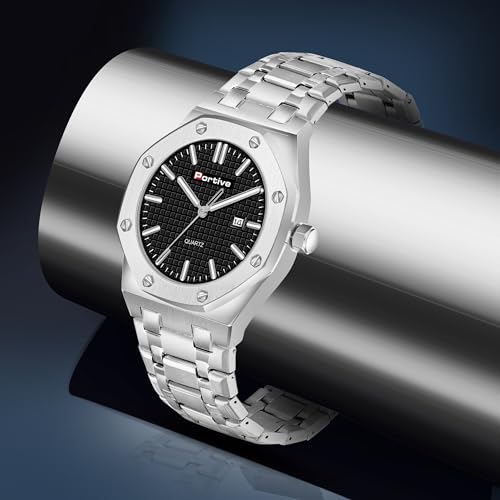 Image of Portive Quartz Watch for Men, Silver Stainless Steel Bracelet, Black Dial, Date Display, Octagonal Case