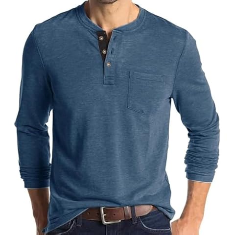 congluoki Henley Shirts Long Sleeve T Shirt Fashion Casual Basic Plain Shirts with Pocket Button V Neck T Shirts Men Lightweight Blue XL Cover