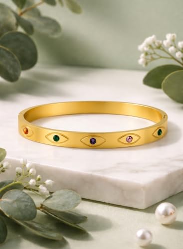 Image of Stylish Gold Plated Bangle for Women | Daily Use Stainless Steel Kada | Anti-Tarnish Waterproof Cuff | Multicolour Crystal Evil Eye | Daily Wear Bracelet For Womens | Premium Gift For Girl