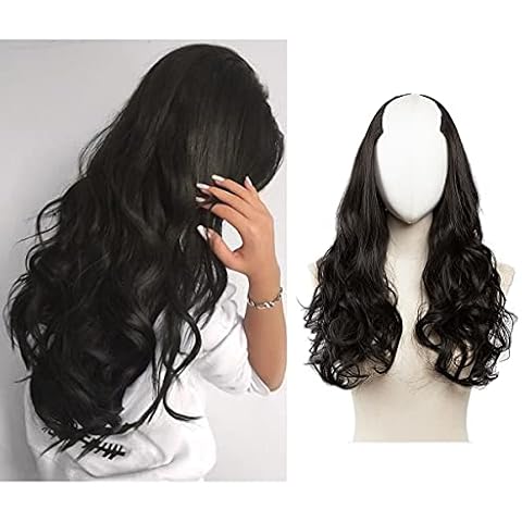 SARLA Black Clip in Hair Extensions U Part Synthetic Long Wavy Curly Full Head Hairpiece 24 Inch for Women Cover