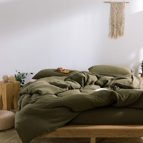 Image of VM VOUGEMARKET 100% Cotton Muslin Duvet Cover King Size 3-Layer Guaze Textured Bedding Set,Ultra Soft Breathable Textured Linen Like Comforter Cover with Zipper&Ties-Olive Green