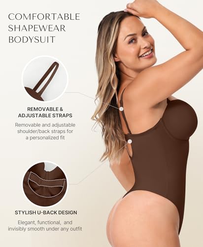 Image of SHAPELLX Shapewear Tummy Control Bodysuit for Women Faja Body Shaper Strapless Body Suit Thong Removable Straps Brown M
