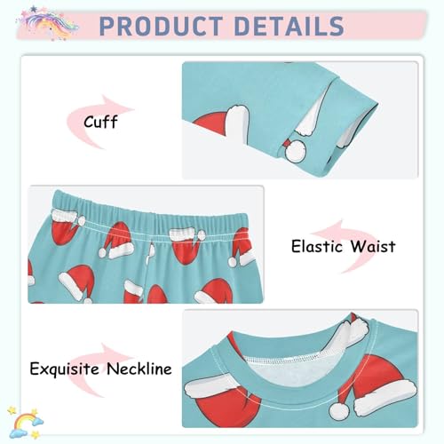 Pajama Sets Long Sleeve Christmas Santa Hats on Blue Soft Comfy Sleepwear 2 Piece PJS 3-8T4