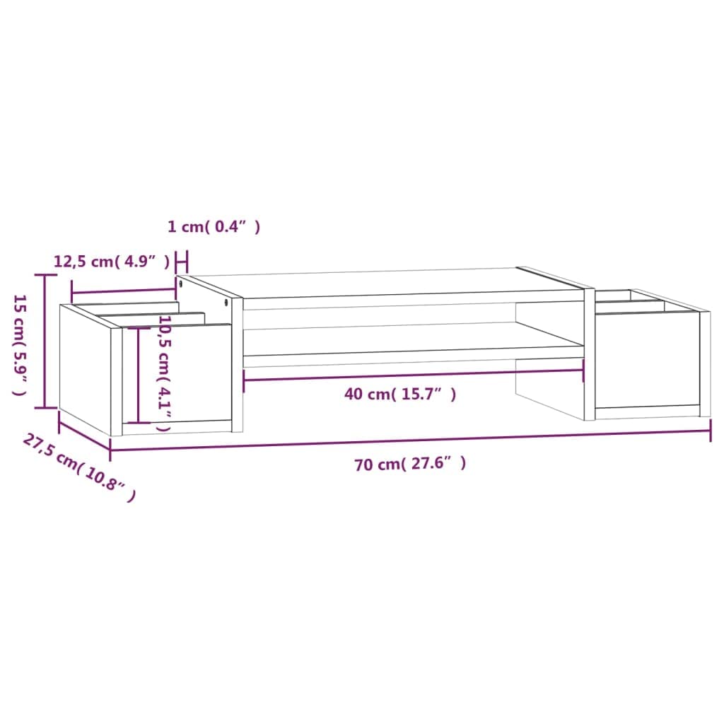 Supporto per monitor in legno di pino massiccio, 70 x 27,5 x 15 cm, supporto da scrivania con 4 ripiani, rialzo ergonomico per PC, laptop, design rustico, rialzo per monitor in legno