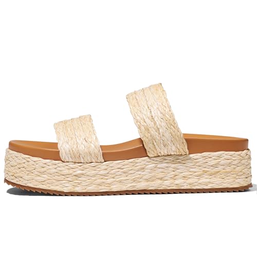 Women's Raffia Espadrilles Platform Wedge Sandals Apricot Summer Beach Slip On Shoes Open Toe Comfortable Woven Resort Wear