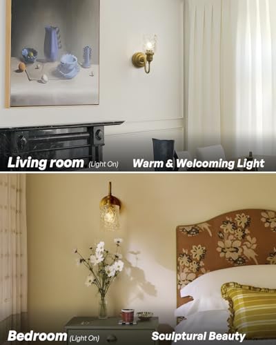 Image of Vintage Gold Sconces with Clear Glass Shade, Indoor Hardwired | wall mounted light for bathroom mirror, living room, bedroom, kitchen,easy install & clean,rustproof,hand glass,E26, UL