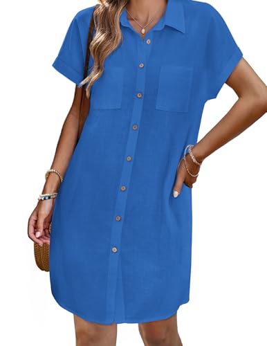 Image of Zeagoo Summer Dresses for Women 2025 Cotton Button Down Short Sleeve Tshirt Dresses Casual Mini Beach Dress