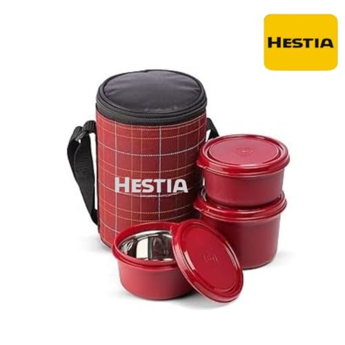 Image of Stainless Steel Lunch Box with Bag (400ml, 600ml, 250ml) | Microwave Safe Office Lunch Box with Bag | 3 Containers Tiffin Box Set for Office, School & Travel (Red)