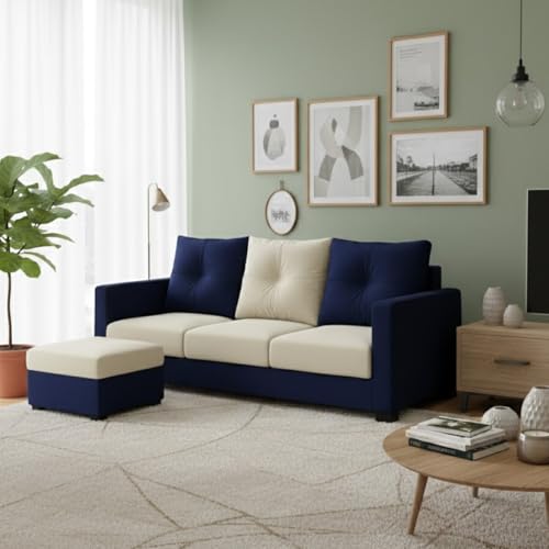 Image of FURNY Amonster 4 Seater L Shape Sofa Set with Movable Ottoman | Flexible Left or Right Layout | Plush Velvet Fabric (Dark Blue-Cream) | Perfect for Living Room, Guest Room & Office
