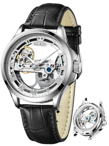 Image of OLEVS Mechanical Dress Mens Watches Square Brown Leather Strap Moon Phase Skeleton Tourbillion Day Date Waterproof Luminous Men's Wrist Watches