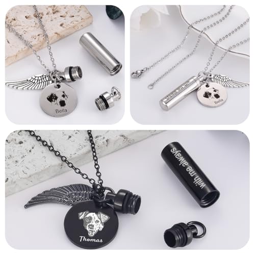 Custom Cylindrical Stainless Steel Necklace, Personalized pet name and portrait,Urn Pet Ashes Burial Jewellery,Memorial Pendant with Angel Wings,"with me always" Keepsake for Dog & Cat Lovers3