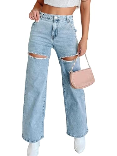 Womens High Waist Ripped Jeans Sexy Pearl Chains Rhinestones Straight Leg Stretch Distressed Denim Pants2