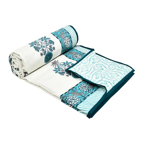 Image of BLOCKS OF INDIA Hand Block Printed Cotton Single Size Reversible Malmal Dohar for Summer (Turq BUTA Tree)