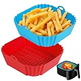 Boribim 2 PCS Square Silicone Air Fryer Liners - 8 Inch Reusable Air Fryer Pot - Air Fryer Accessories - Air Fryer Inserts for 4 to 7 QT Oven Microwave Accessories (Red + Blue)
