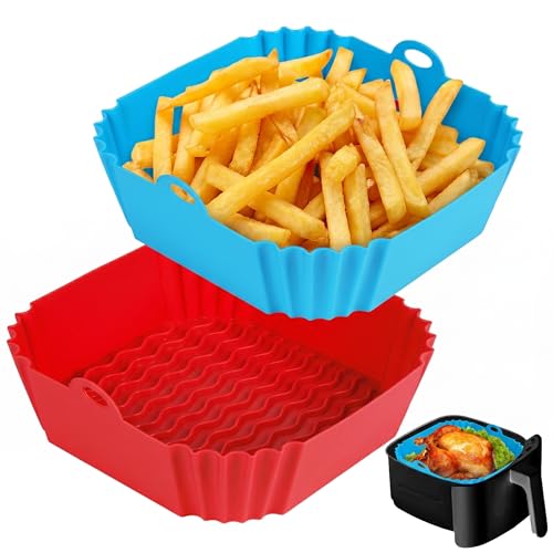 Boribim 2 PCS Square Silicone Air Fryer Liners - 8 Inch Reusable Air Fryer Pot - Air Fryer Accessories - Air Fryer Inserts for 4 to 7 QT Oven Microwave Accessories (Red + Blue)