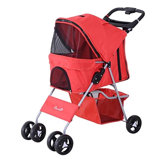Pawhut Cochecito Plegable Mascotas 75×46×94 cm Perro Gato Carrito Ruedas Giran 360º con Freno Rojo