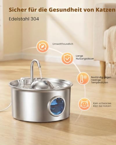 Katzenbrunnen Edelstahl Trinkbrunnen für Katze: Katzen Trinkbrunnen - 2.6L Wasserbrunnen für Katzen - Katzentrinkbrunnen für Hunde… – Ansicht 2