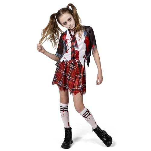 Spooktacular Creations Disfraz de colegiala zombi, disfraz de zombi sangriento para niña, ideal para Halloween, escuela, eventos y fiestas, negro, talla XL.