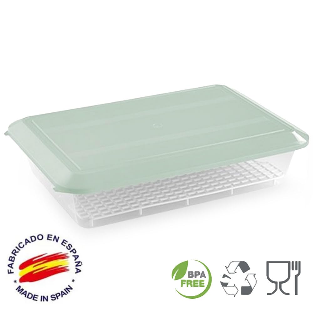 Pack 12 Bandejas Descongelar Alimentos 4,2L Tapa Verde y Rejilla Antigoteo | 36 x 24 x 8,5cm. Sin BPA. Recipiente para descongelación más higiénica. Ideal cocinas, restaurantes, hostelería y cátering