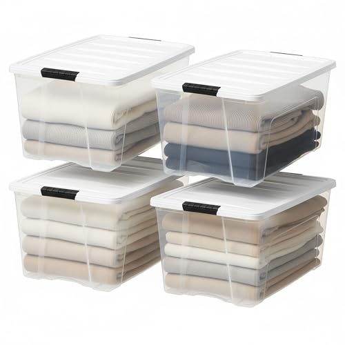 Image of IRIS USA 72 Qt Stackable Storage Bins with Lids, 4 Pack, Clear Plastic | Made in USA with secure latching handles for closet organization, toys, crafts, office supplies, and seasonal storage.