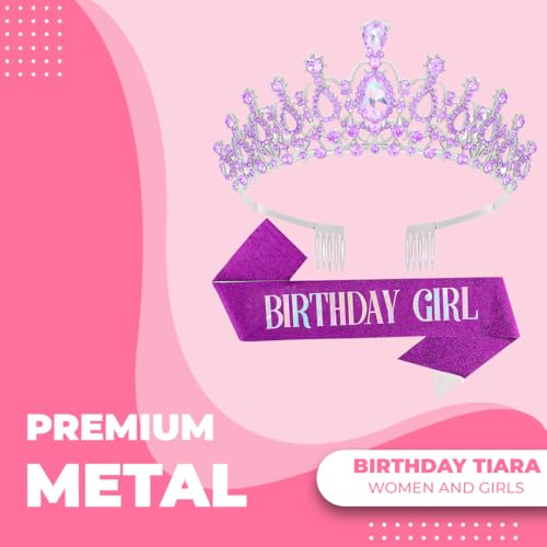 Birthday Tiara and Crown with Sash for Women, Hair Accessories for Wedding Party Costume (B - Purple)