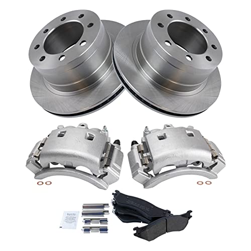 Image of TRQ Rear Brake Pad, Caliper, & Rotor Kit Semi-Metallic Vented Compatible with 2003-2008 Dodge Ram 3500