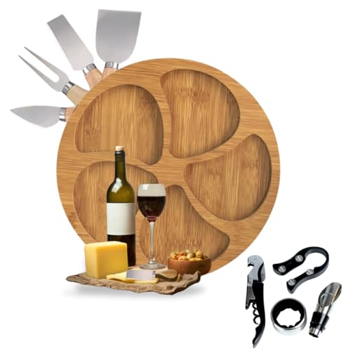 Petisqueira de Madeira/Tabua de Frios + Kit Vinho 4 Peças + 4 Facas P/Queijo