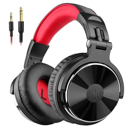 OneOdio Over Ear Headphone, Wired Bass Headsets with 50mm Driver, Foldable Lightweight Headphones with Shareport and Mic for Recording Monitoring Podcast Guitar PC TV - (Red)