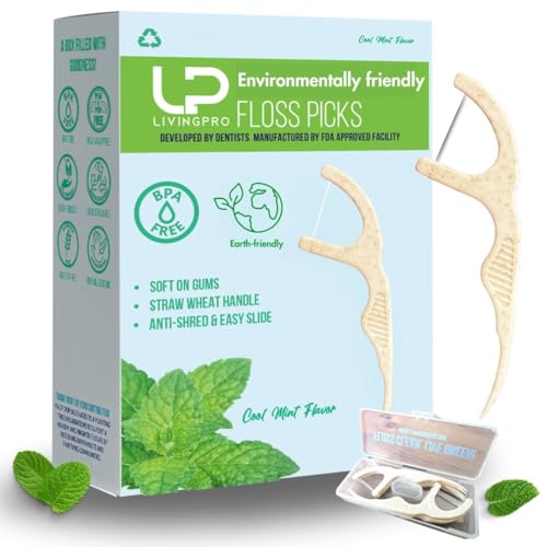 Image of Dental Floss Picks (220 Count) - Mint Flavored Tooth Flossers, Thin Single Thread Floss, Shred-Resistant Smooth Glide for Plaque Removal, Wheat-Straw Handle | Travel Case Holds up to 10