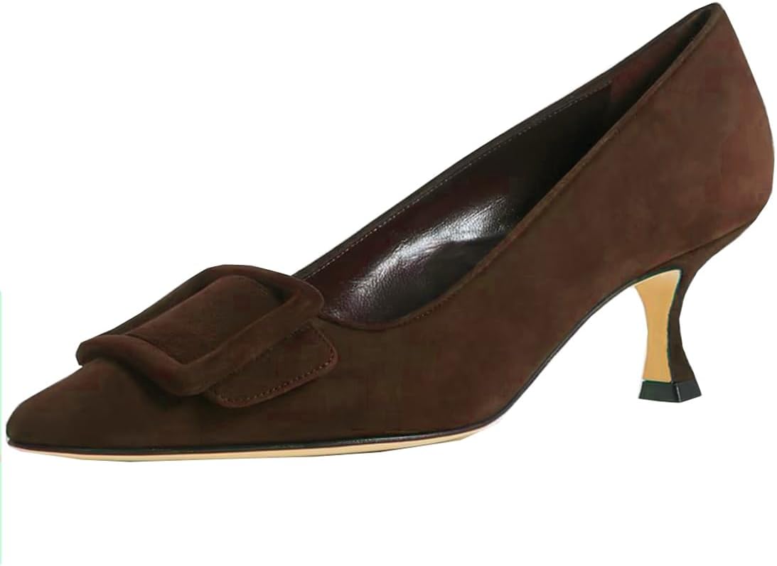 Divanne Women's Suede Women's Suede Kitten Heel Pumps Buckle Pointy Toe Low Heels Silp On Dress Pumps Shoes