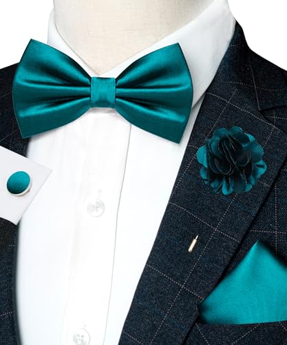 Image of RBOCOTT Solid Color Bow Tie and Pocket Square with Lapel Pin Cufflinks Set 4PCS