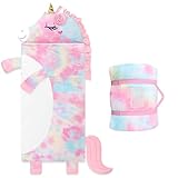 Sacco a Pelo Bambini Sfoderabile con Cuscino, Nap Mat Caldo in Peluche a Forma di Unicorno, Sacco Nanna Grande Pieghevole per Interno Esterno Campeggio, 170x70cm, Rosa