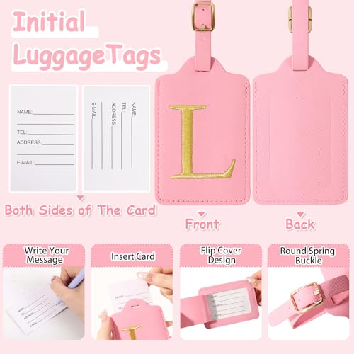 Image of Personalized Initial Luggage Tags for Suitcases, Cute PU Leather Embroidered Letter Travel Luggage Tags, Suitcase Identifier Name Baggage Tag, Bag Tags for Men Women Kids Luggage Handbags(Pink L)