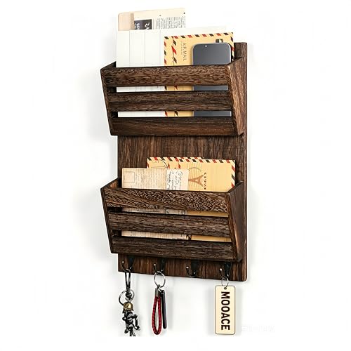 MOOACE Mail Organizer Wall Mount with Key Hooks, 2-Slot Wood Mail and Key Holder, Wall File...